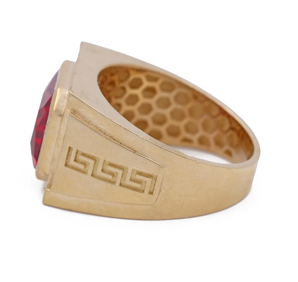 14K Yellow Gold Men's Fashion Ring with Red Color Stone and Cubic Zirconias