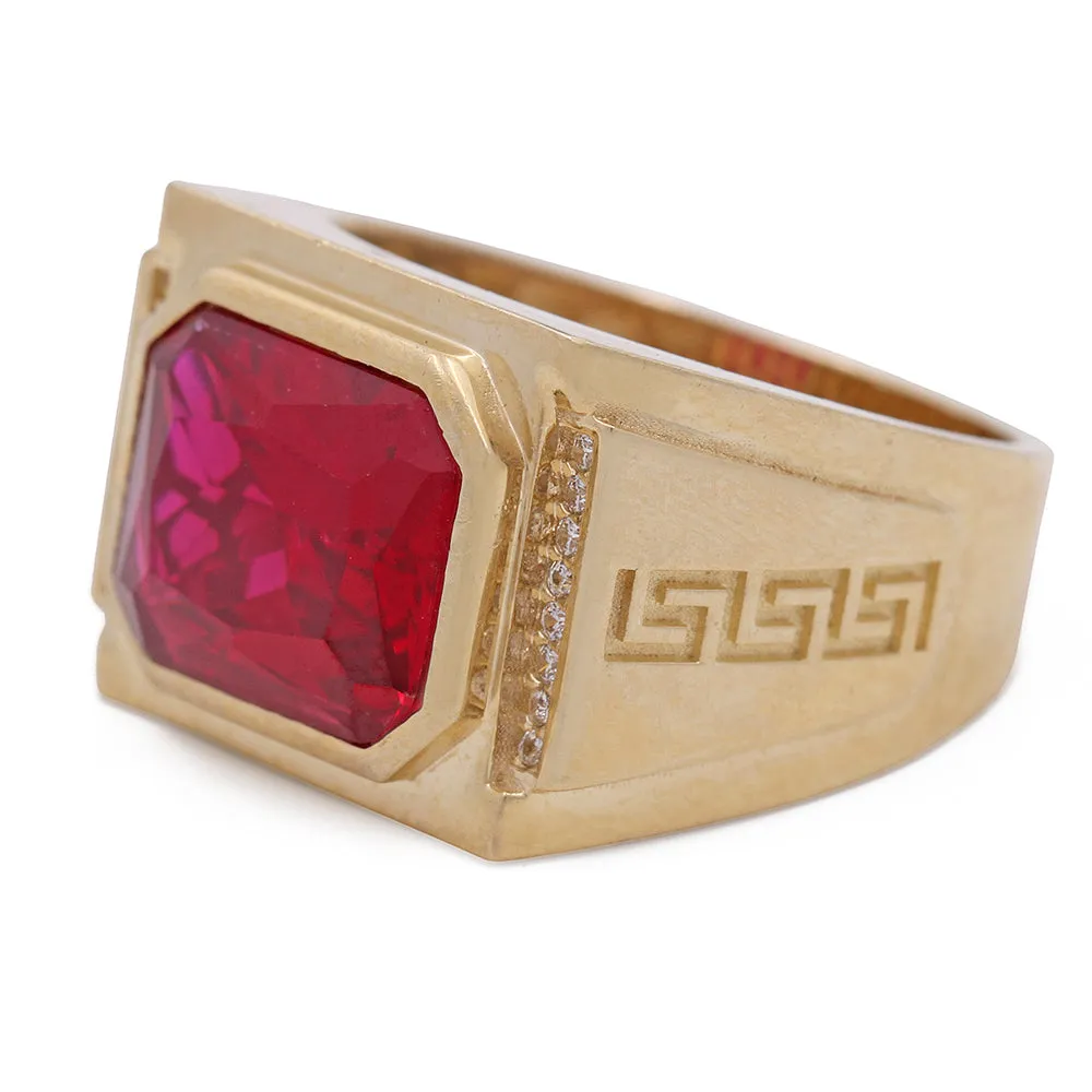 14K Yellow Gold Men's Fashion Ring with Red Color Stone and Cubic Zirconias