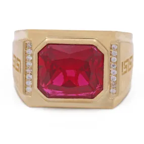 14K Yellow Gold Men's Fashion Ring with Red Color Stone and Cubic Zirconias