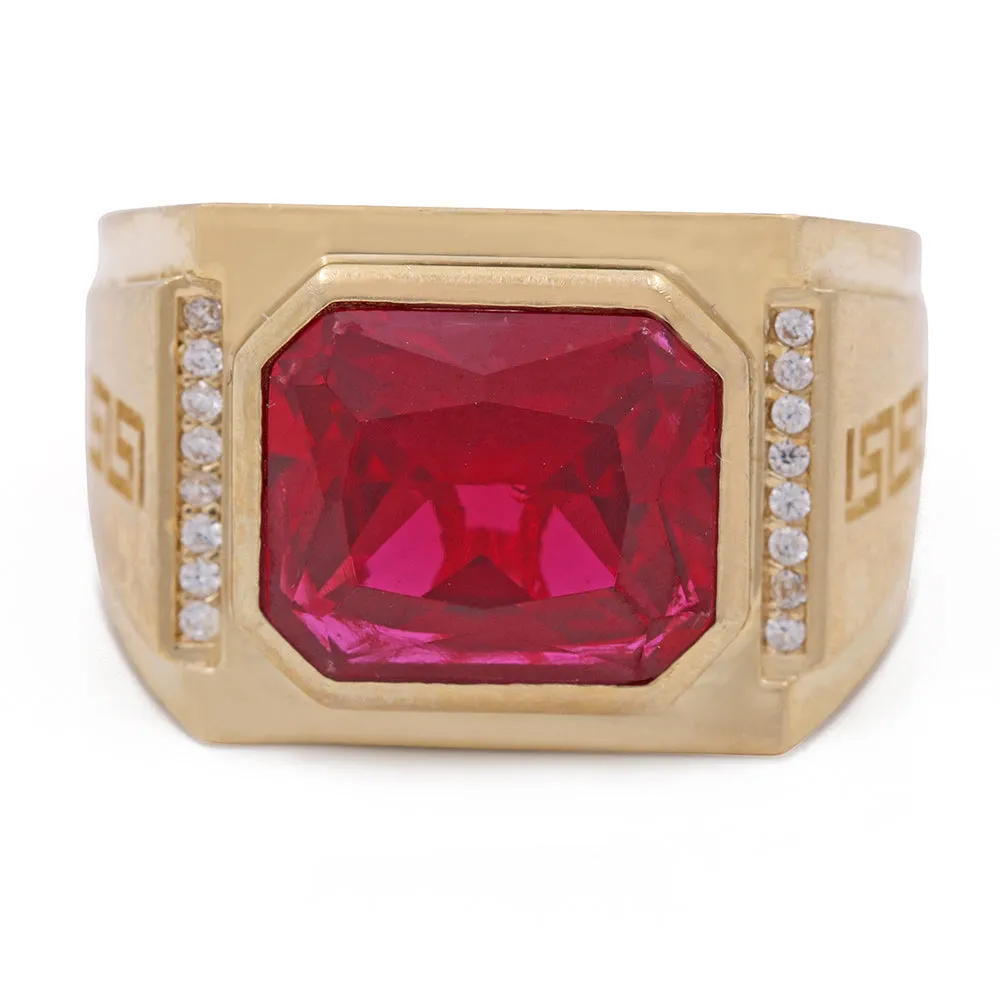 14K Yellow Gold Men's Fashion Ring with Red Color Stone and Cubic Zirconias