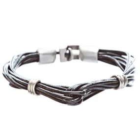 8-Strand Pewter T Clip Clasp Leather Bracelet Black