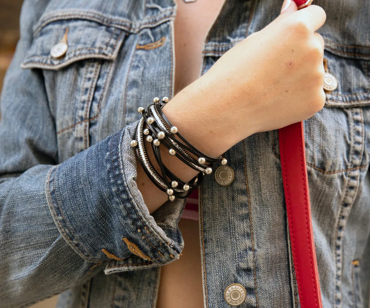 Beaded Black Double Wrap Leather Bracelet