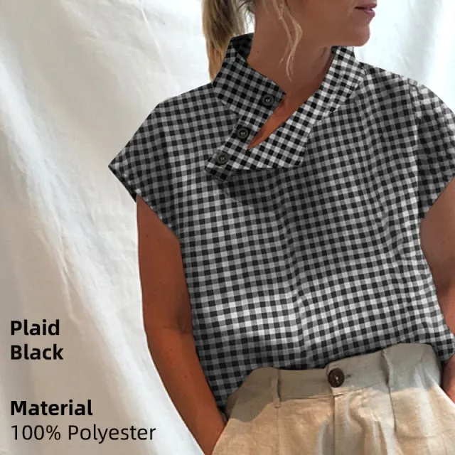 Blouse/Shirt for Women, Stylish Cotton Oversized Tunic, Short Sleeve Plaid or Solid Colors, Long Sleeve in Black or White