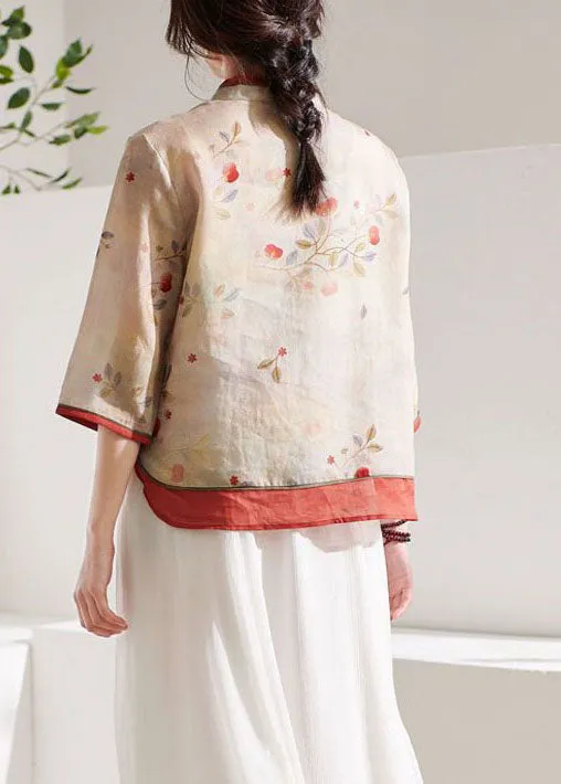Boutique Apricot Stand Collar Print Linen Blouses Summer LY1714