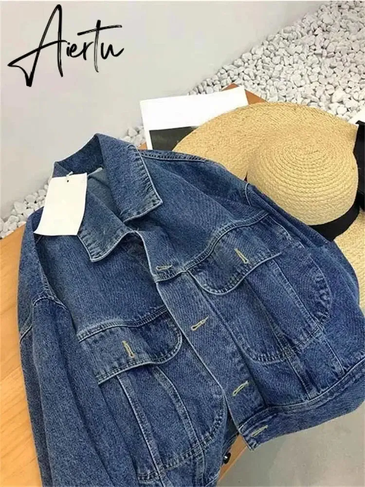 Denim Jacket Women Vintage Turn Down Collar Long Sleeve Korean Fashion Jeans Jackets Chic Oversized Casual Coats