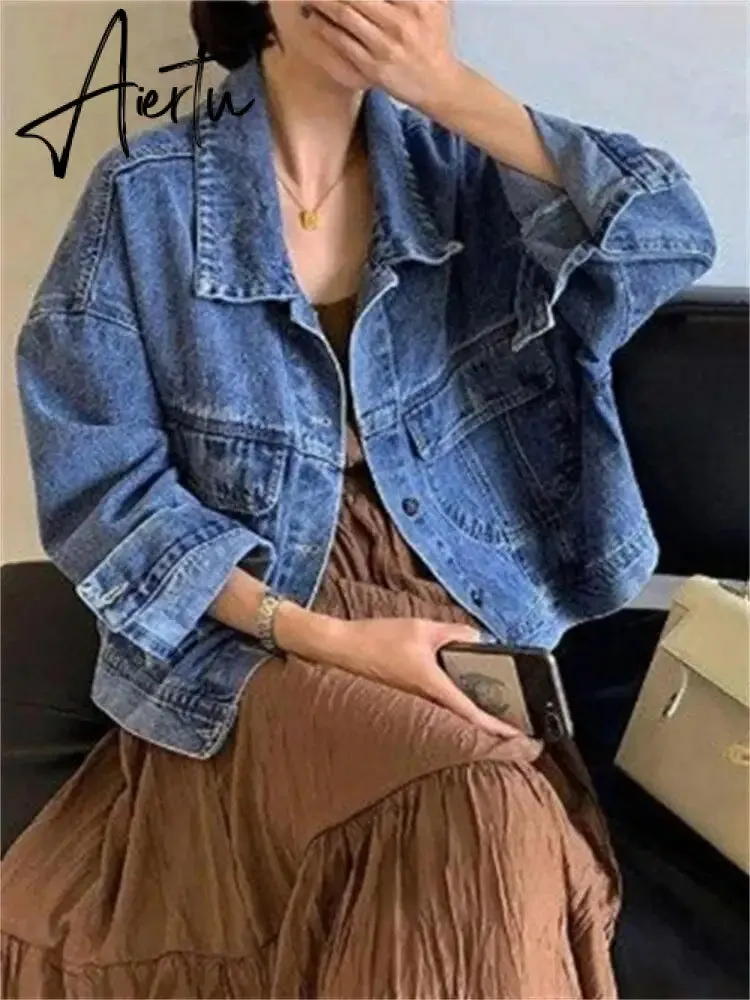Denim Jacket Women Vintage Turn Down Collar Long Sleeve Korean Fashion Jeans Jackets Chic Oversized Casual Coats