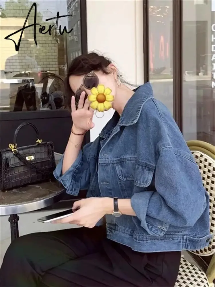 Denim Jacket Women Vintage Turn Down Collar Long Sleeve Korean Fashion Jeans Jackets Chic Oversized Casual Coats