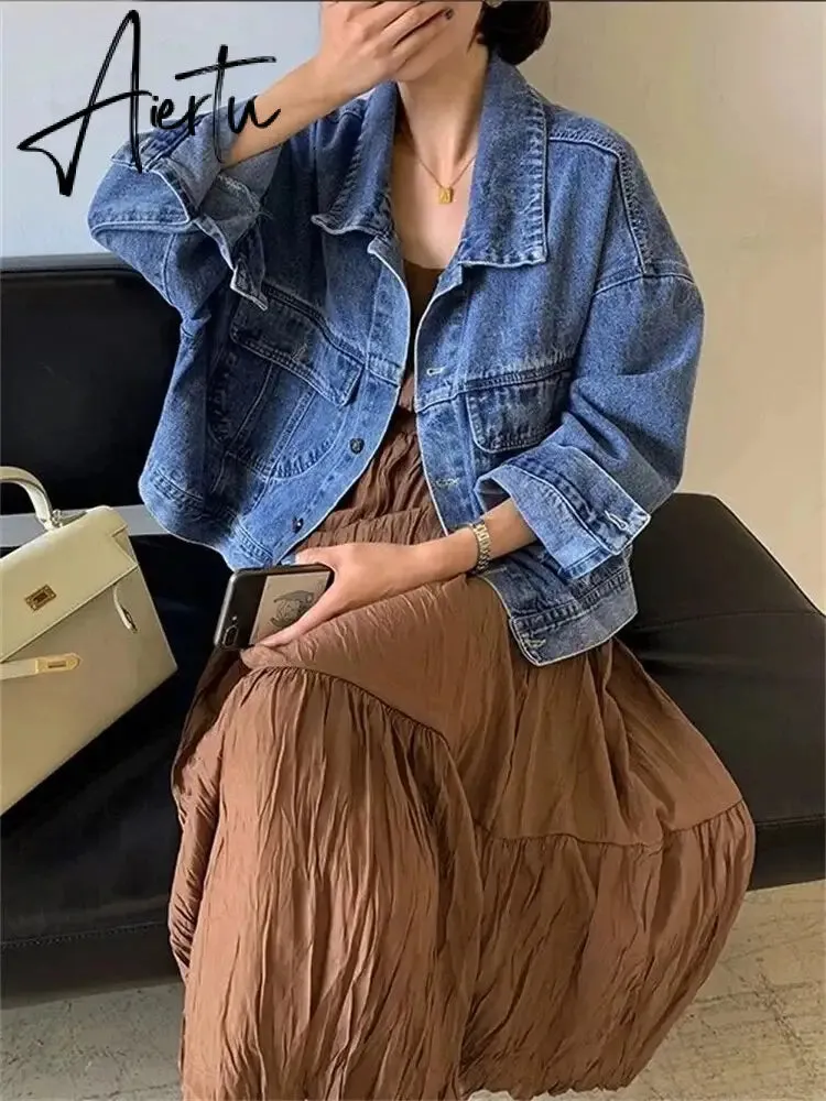 Denim Jacket Women Vintage Turn Down Collar Long Sleeve Korean Fashion Jeans Jackets Chic Oversized Casual Coats