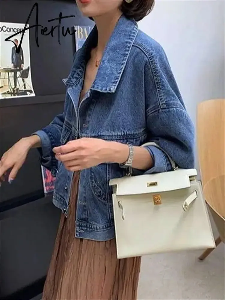 Denim Jacket Women Vintage Turn Down Collar Long Sleeve Korean Fashion Jeans Jackets Chic Oversized Casual Coats