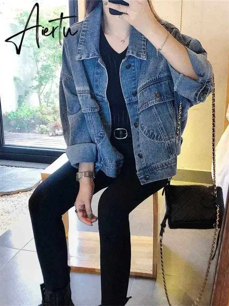 Denim Jacket Women Vintage Turn Down Collar Long Sleeve Korean Fashion Jeans Jackets Chic Oversized Casual Coats