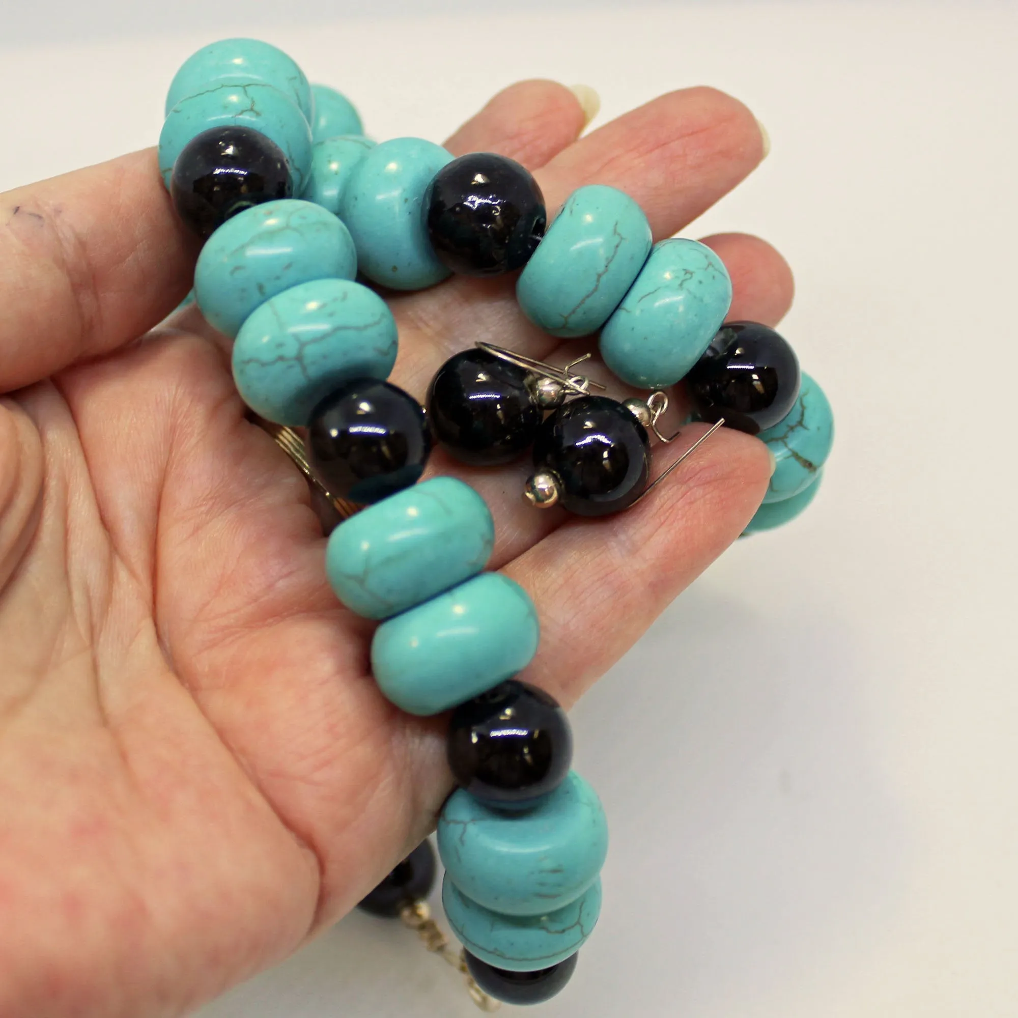 Turquoise & Black Porcelain Beads Necklace and Earrings Set
