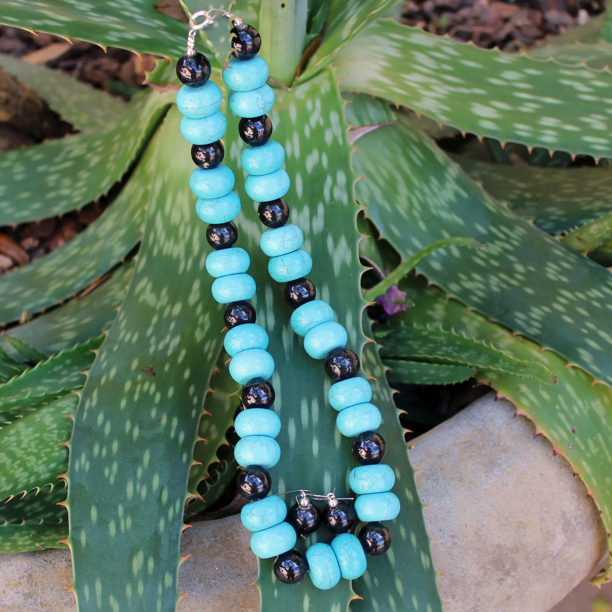 Turquoise & Black Porcelain Beads Necklace and Earrings Set