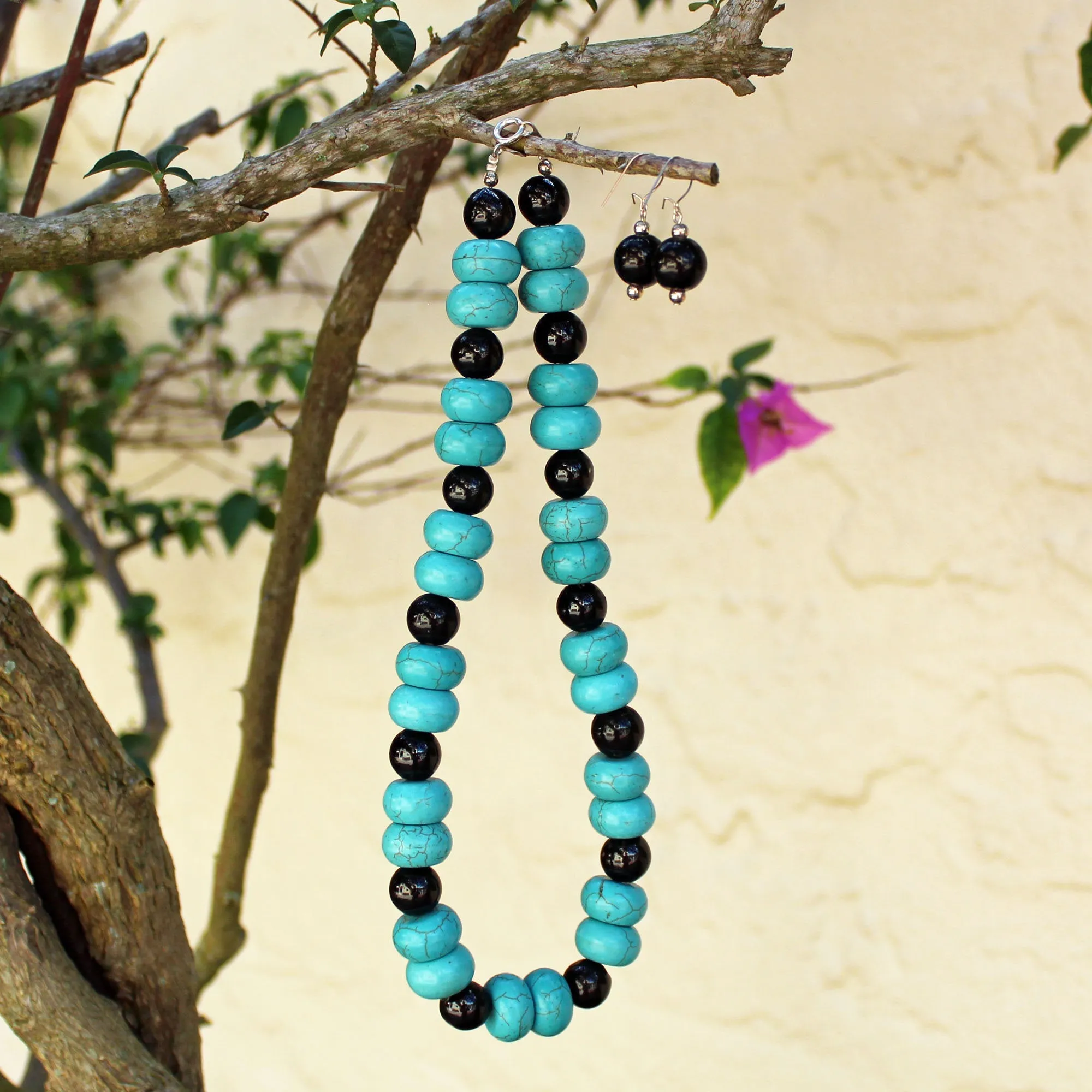 Turquoise & Black Porcelain Beads Necklace and Earrings Set